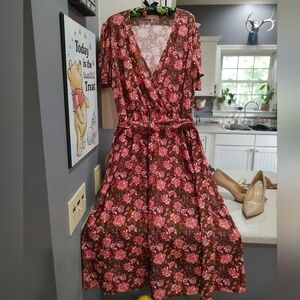 NEW JUDE CONNALLY Long Flowy brown & pink floral Bell Short Sleeve Dress XL $238